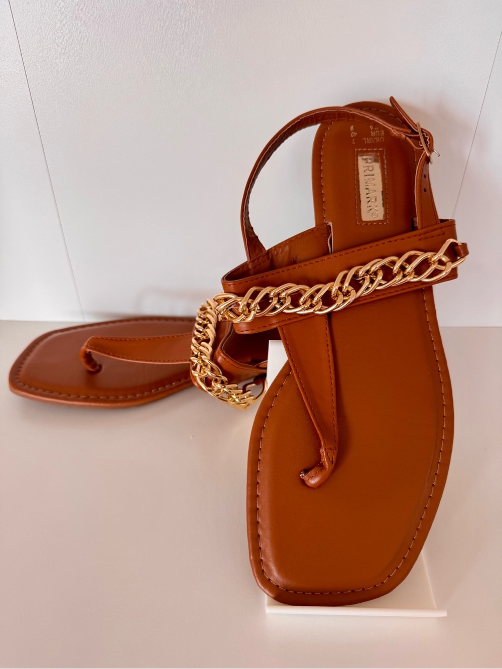 Primark Tan Gold Chain Sandals Ankle Strap Flat Thong Size 9
